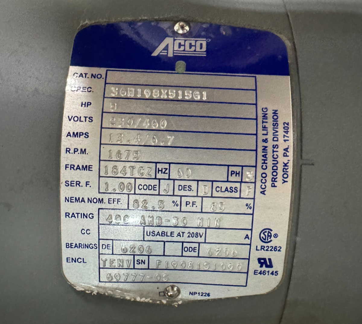 ACCO CRANE MOTOR V3 5 HP MODEL 36M198X515G1 1675 RPM 230/460 V 3 PH 13