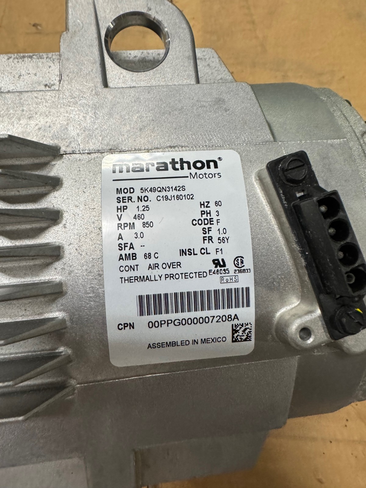 MARATHON Motor 3 HP MODEL 00PG000007202A WA5A 1140  RPM 460 V AMP 3 PH FRAME 56Y