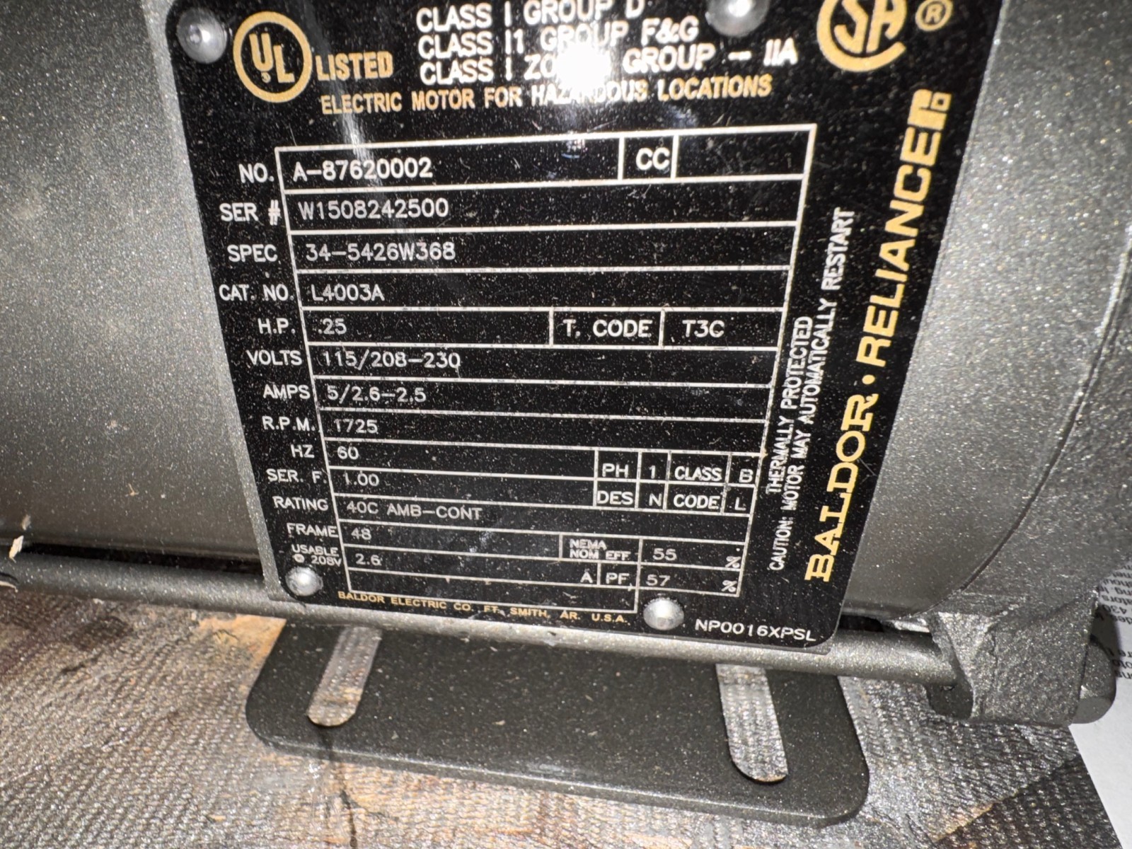 BALDOR EXPLOSION PROOF MOTOR 1/4 HP MODEL L4003A ZM1 ZM2 ZF4A CJ5 1725 RPM