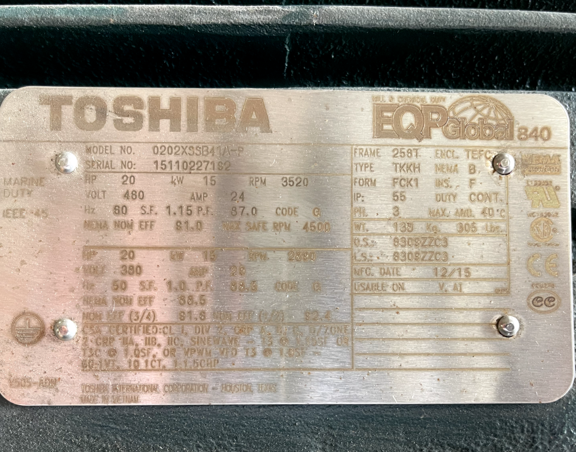 20 HP MOTOR TOSHIBA 3520 RPM 460 V FRAME 258T