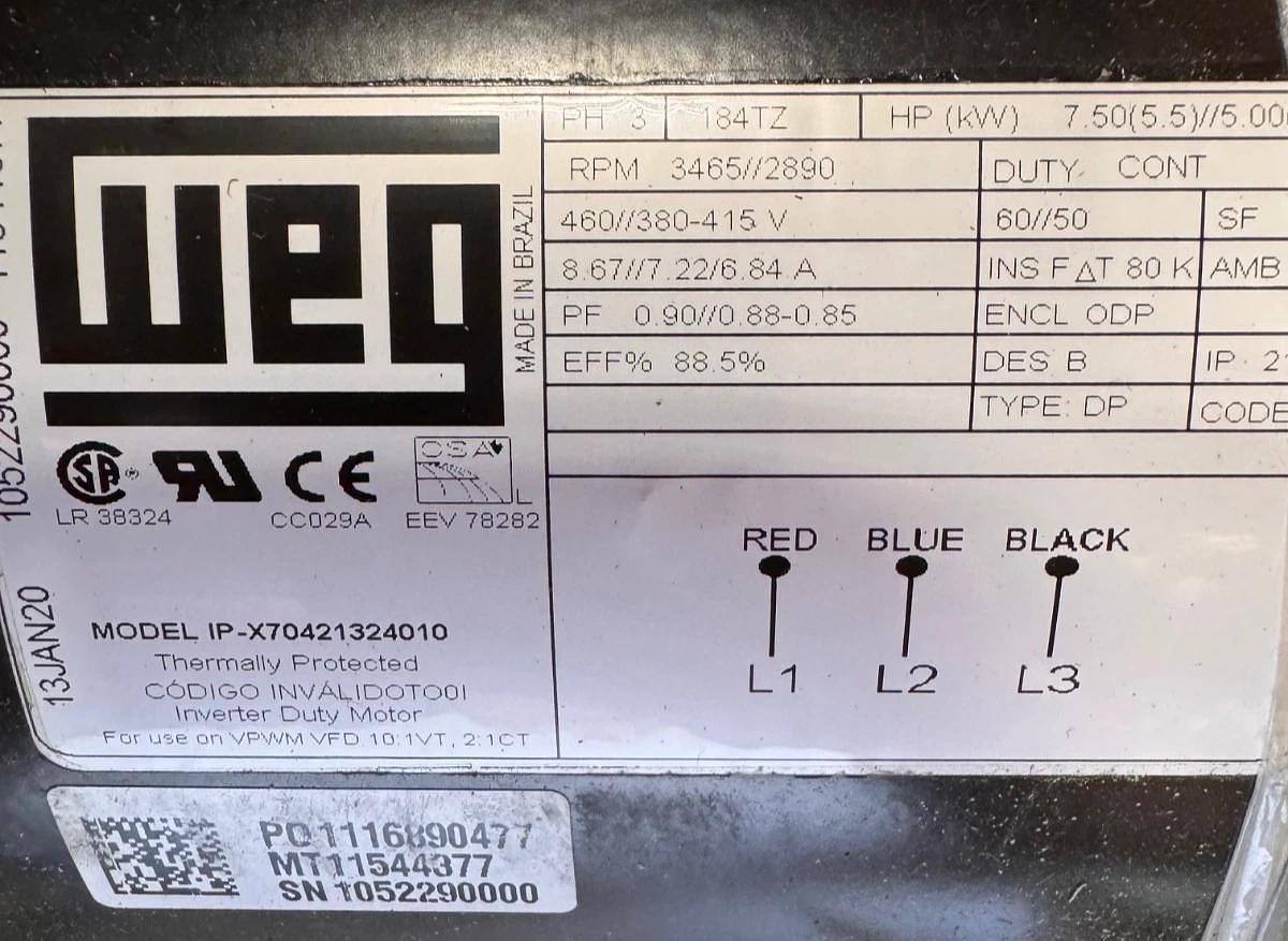 WEG MOTOR 7.5/5 HP MODEL 1P-X70421324010 WA2C 3465/2890 RPM 460 380-415 V 3 PH