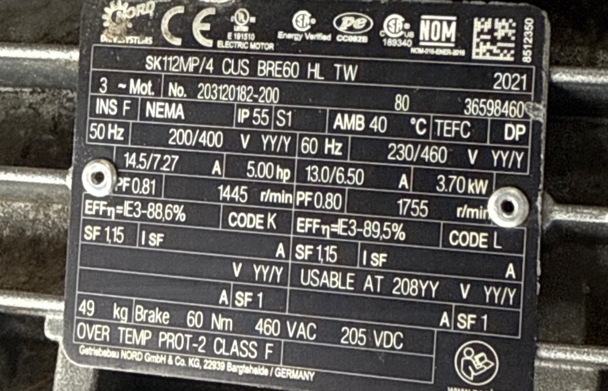 NORD Motor 5 HP MODEL  SK112MP/4 2XOB 1755 RPM 230/460 V 13/6.5  AMP 3 PH STEM D