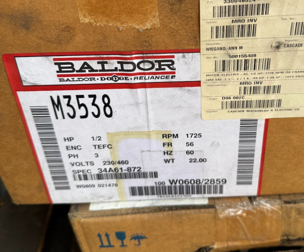 BALDOR MOTOR D6 1/2 HP MODEL M3538 1725 RPM 230/460 V  3 PH AMP FR 56