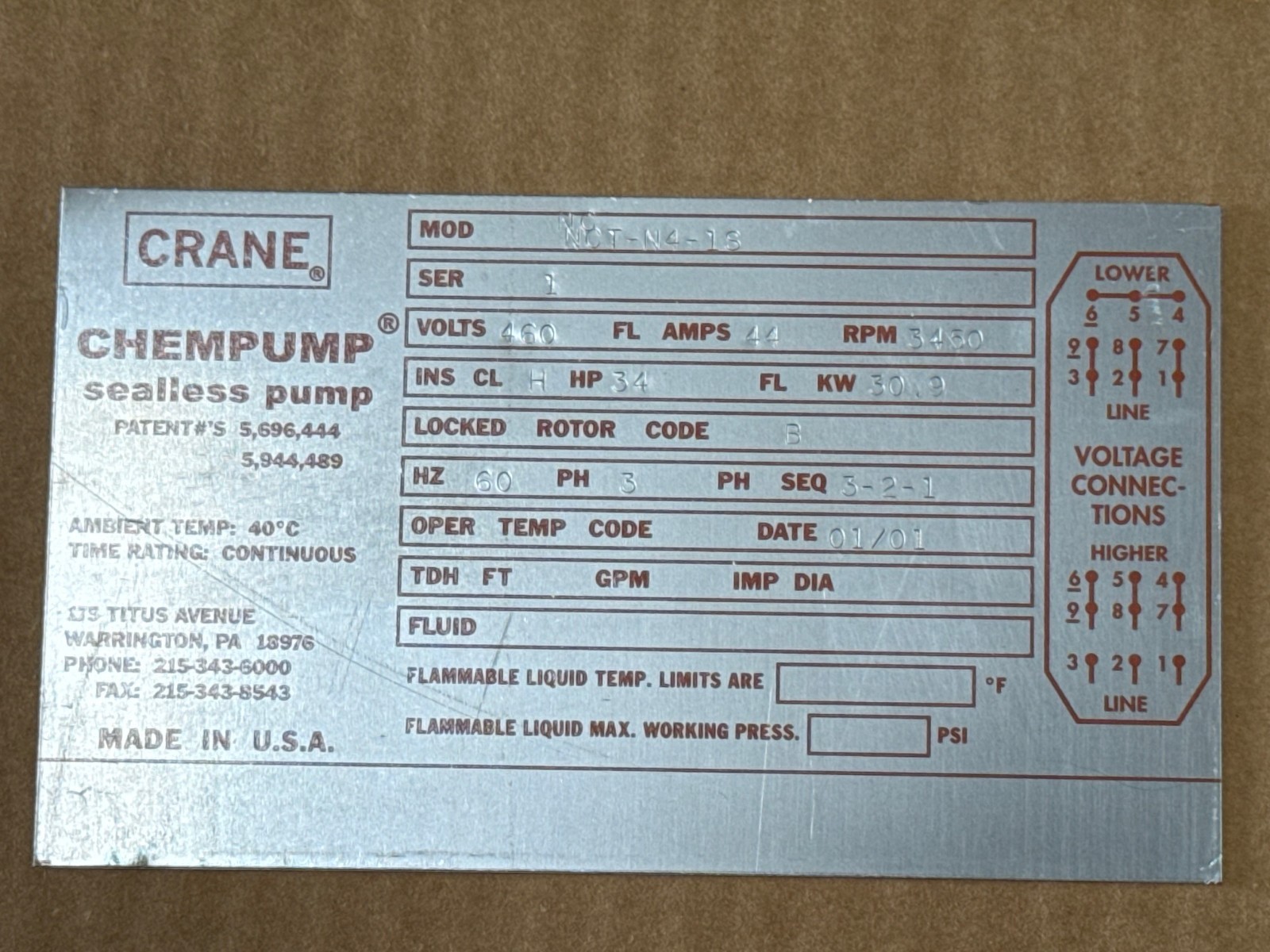 CRANE CHEMPUMP SEALESS PUMP 34 HP MODEL NCT-N4-16 2XI 460 V 44 AMPS 3 PH 3450