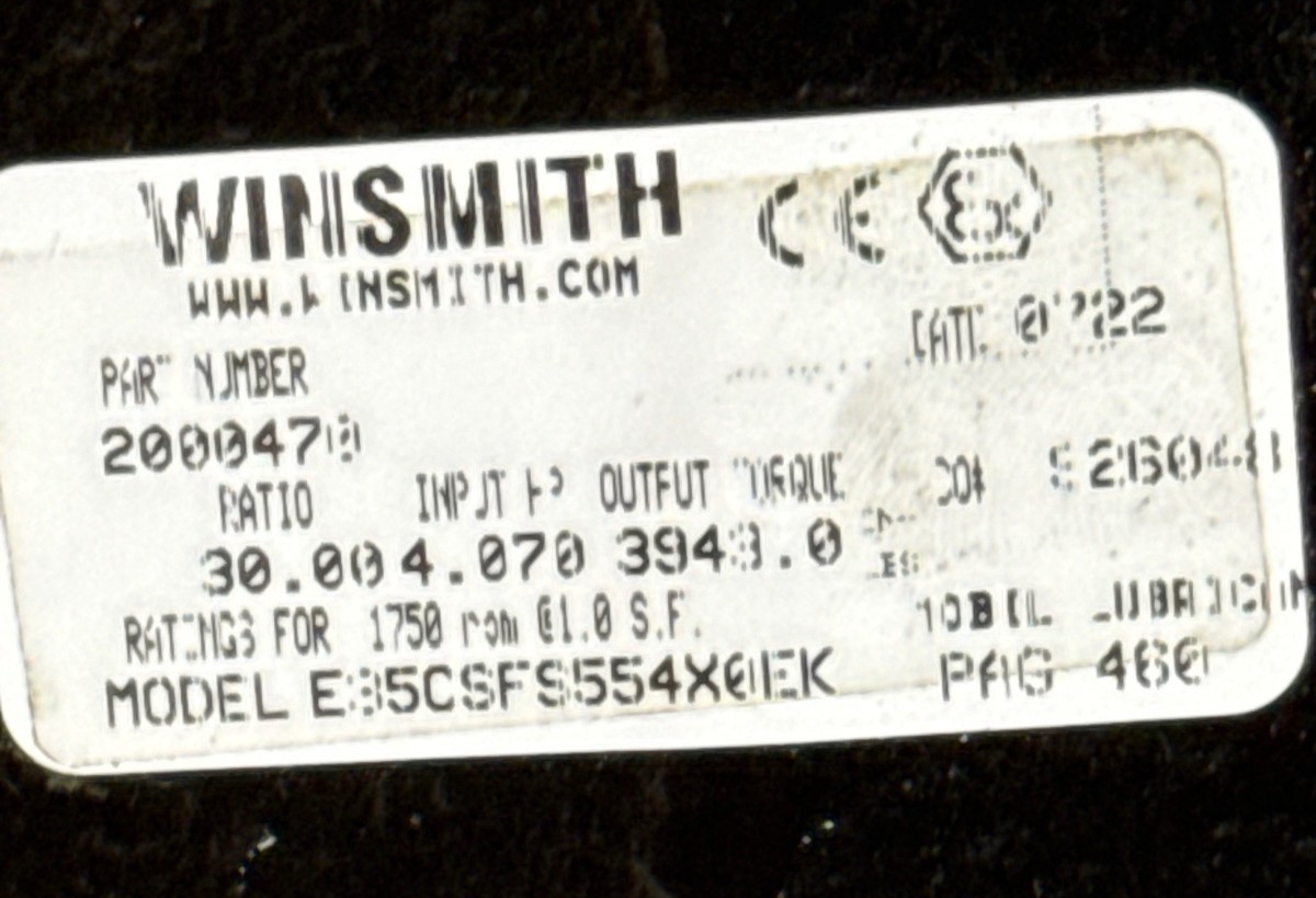 WINSMITH GEAR REDUCER 1XWC MOD E85CSFS554X0EK 1750 RPM IN 30 TO 1 RATIO