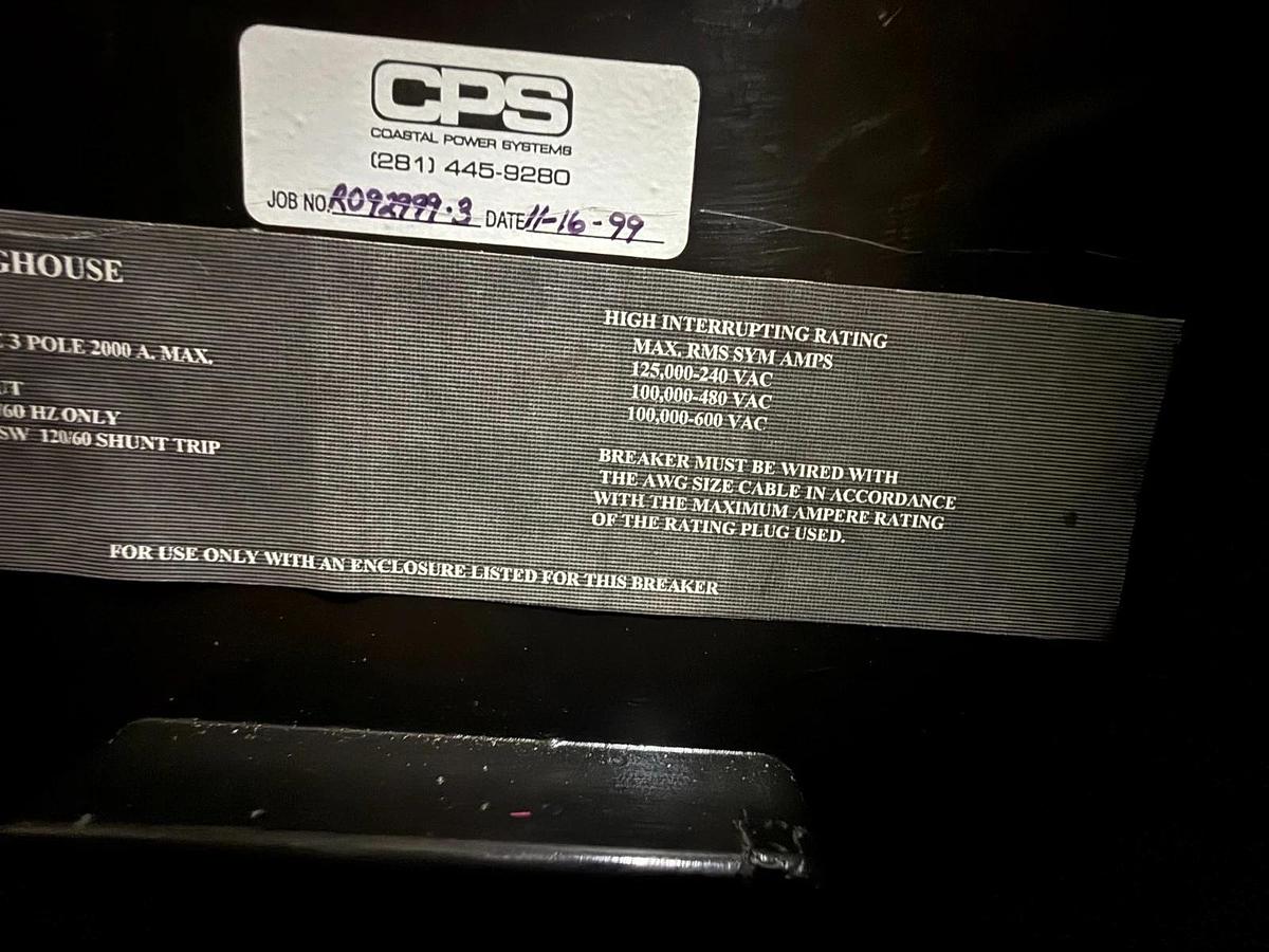 Refurbished Westinghouse 2000 AMP BREAKER PC32000FCSN 2YV5 600 3 POLE V 60 HZ 2KA PC 2000
