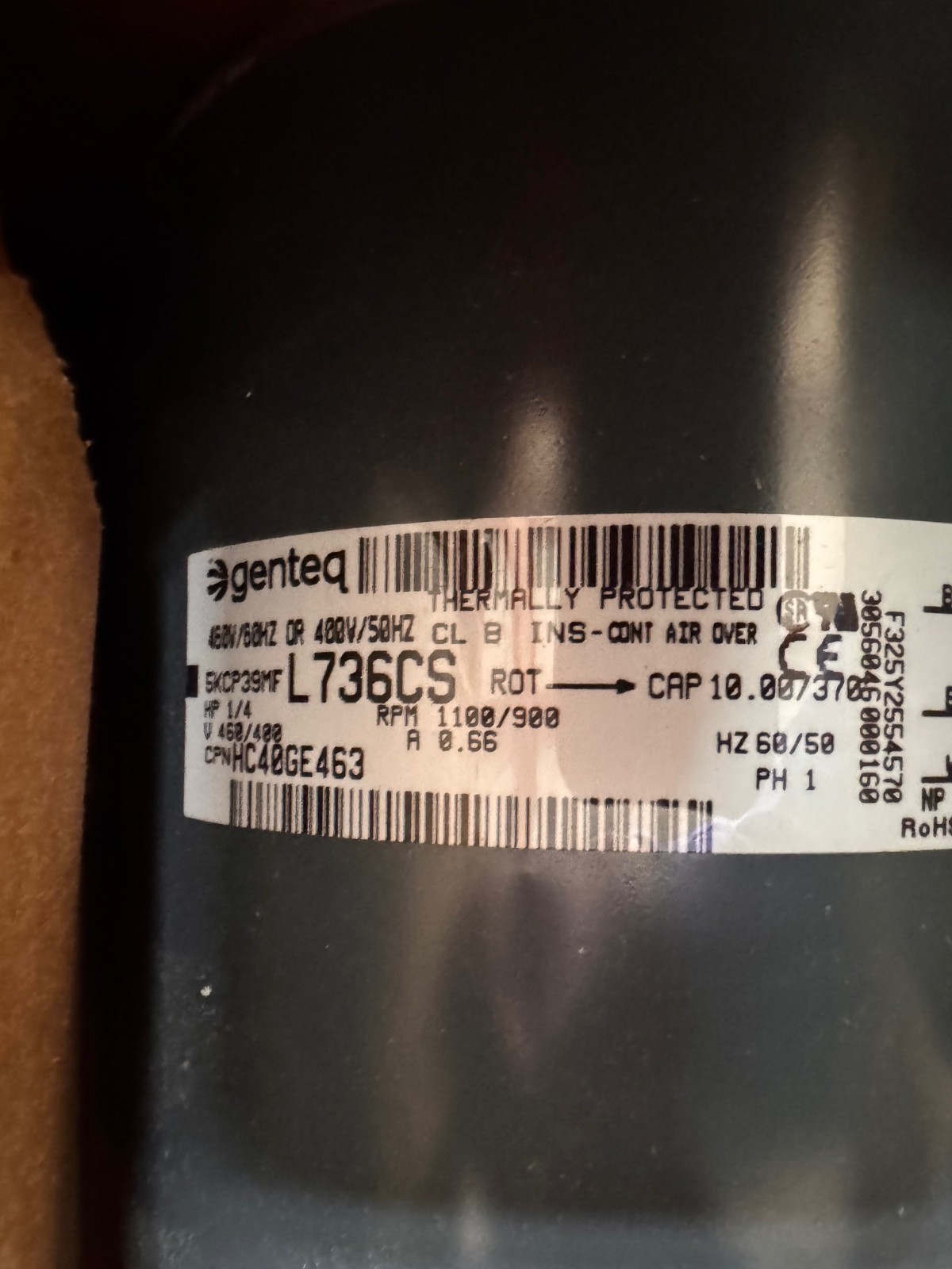 GE Motor 1/4  HP MODEL L736CS HC40GE463A ZH4 ZH6 1100/900 RPM 400/460 V .66 AMP