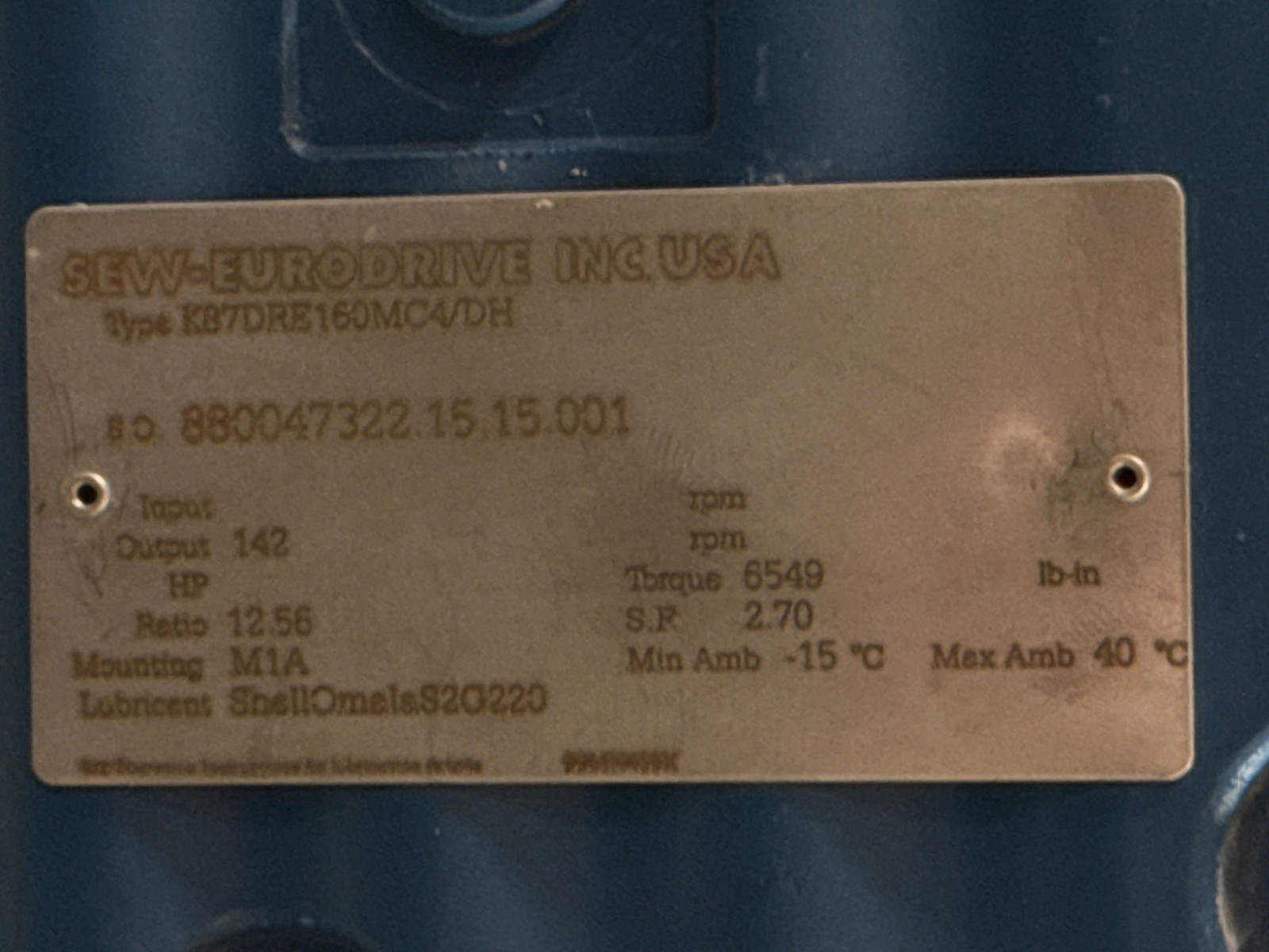 SEW-EURODRIVE GEAR MOTOR 2XD MOD K87DRE160MC4/DH 15 HP 230/460 V 36.5/18,3 AMP