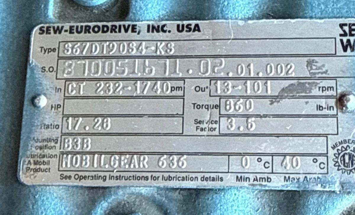 SEW-EURODRIV GEAR REDUCER 1XQK MOD S67/DT90S4-KS 232/1740 TO 13/101 RPM