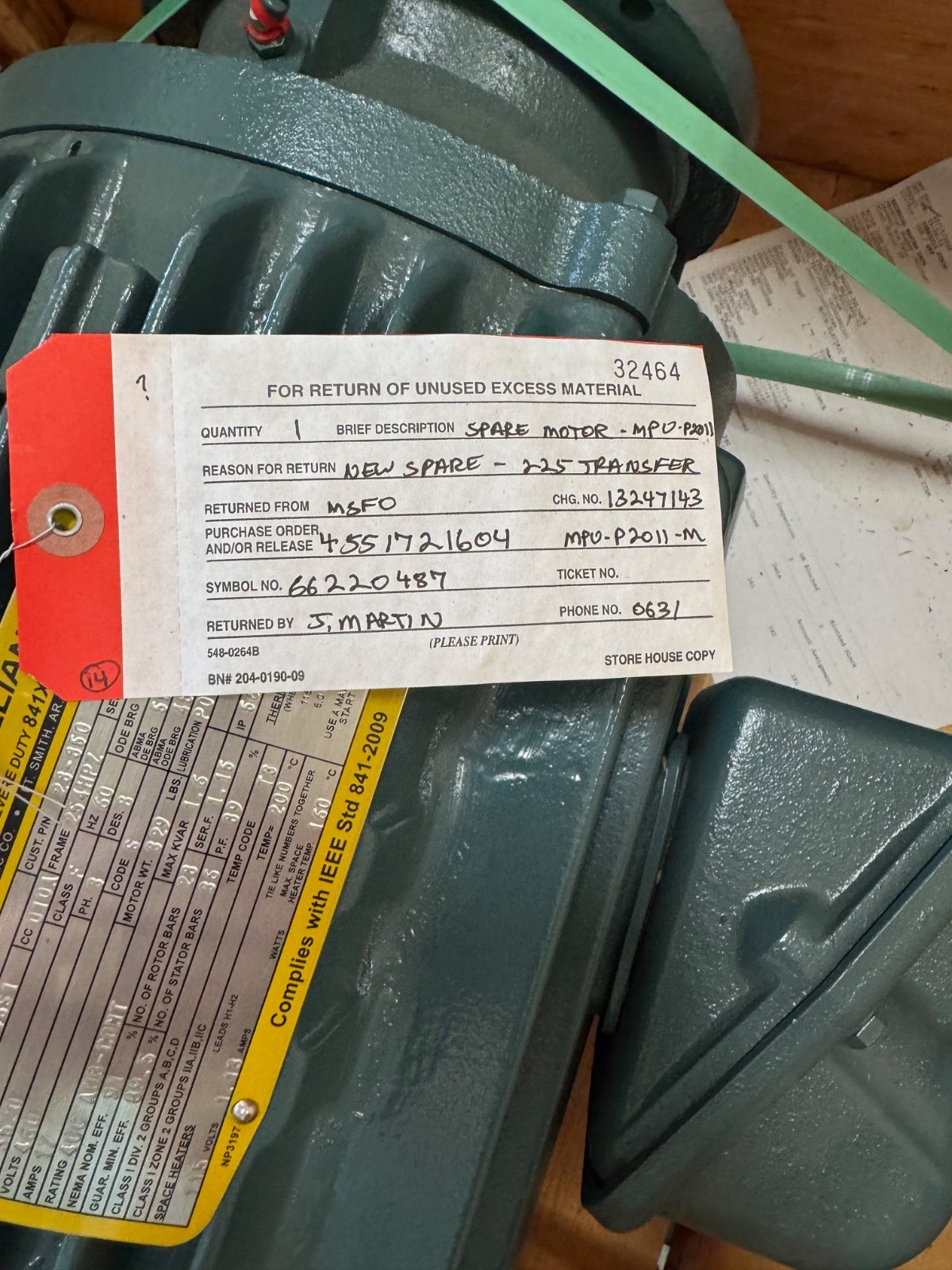 BALDOR SUPER E MOTOR XA9 15 HP MODEL M01AA02 3520 RPM 460 V 3 PH 17 AMP FR 254HP