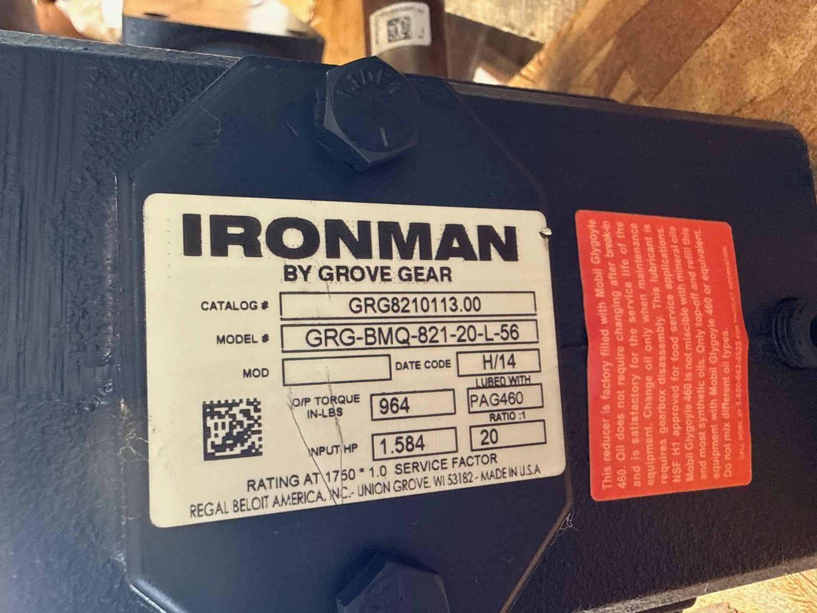 IRON MAN GROVE GEAR REDUCER 1XQJ 1XVJ 1XWF 1XTE MOD GR-BMQ-821-12.5-R-56