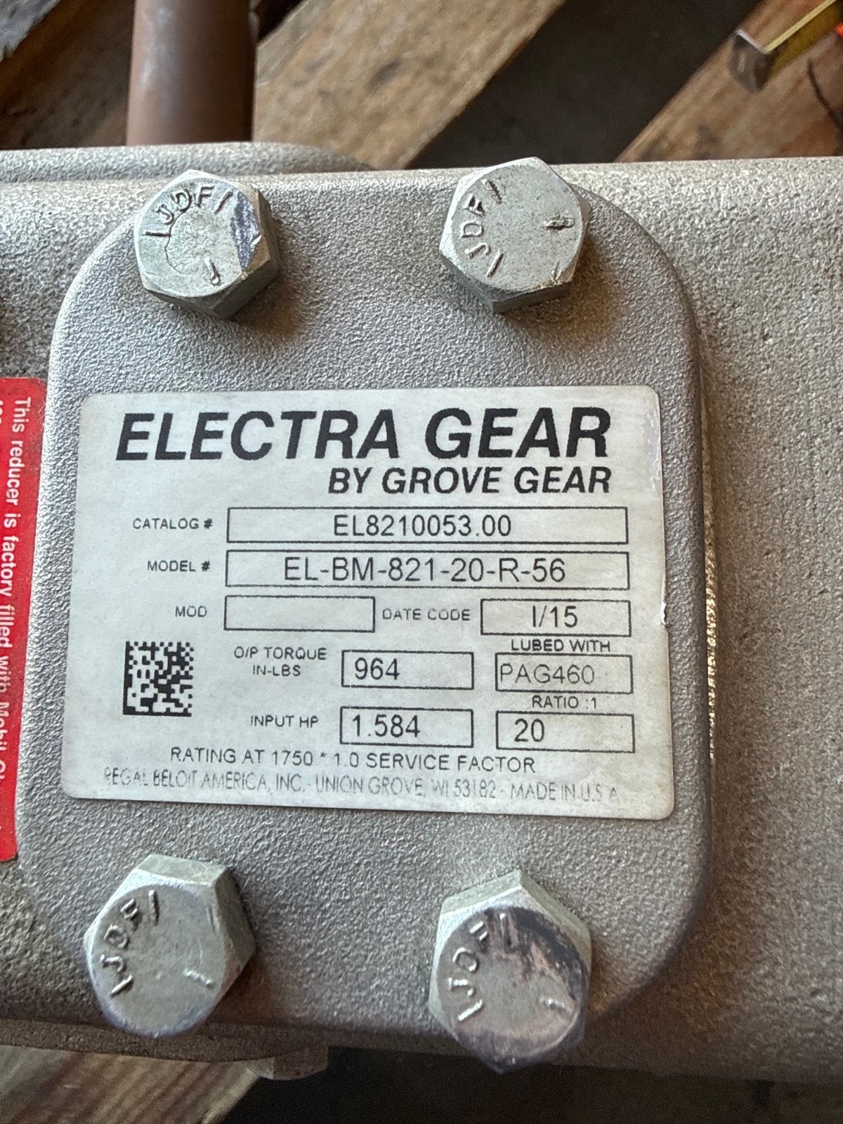 ELECTRA GEAR GROVE GEAR REDUCER 1XRH MOD EL-BM-821-20-R-56 1.584 HP 1750 RPM IN