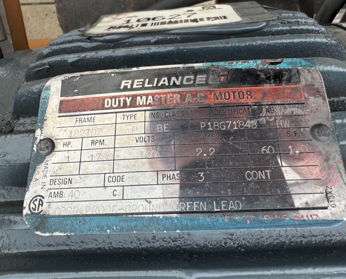 RELIANCE MOTOR JJ4 1 HP MODEL P18G71843 1780 RPM 460 V 3 PH 2.2 AMP FR 182TDZ