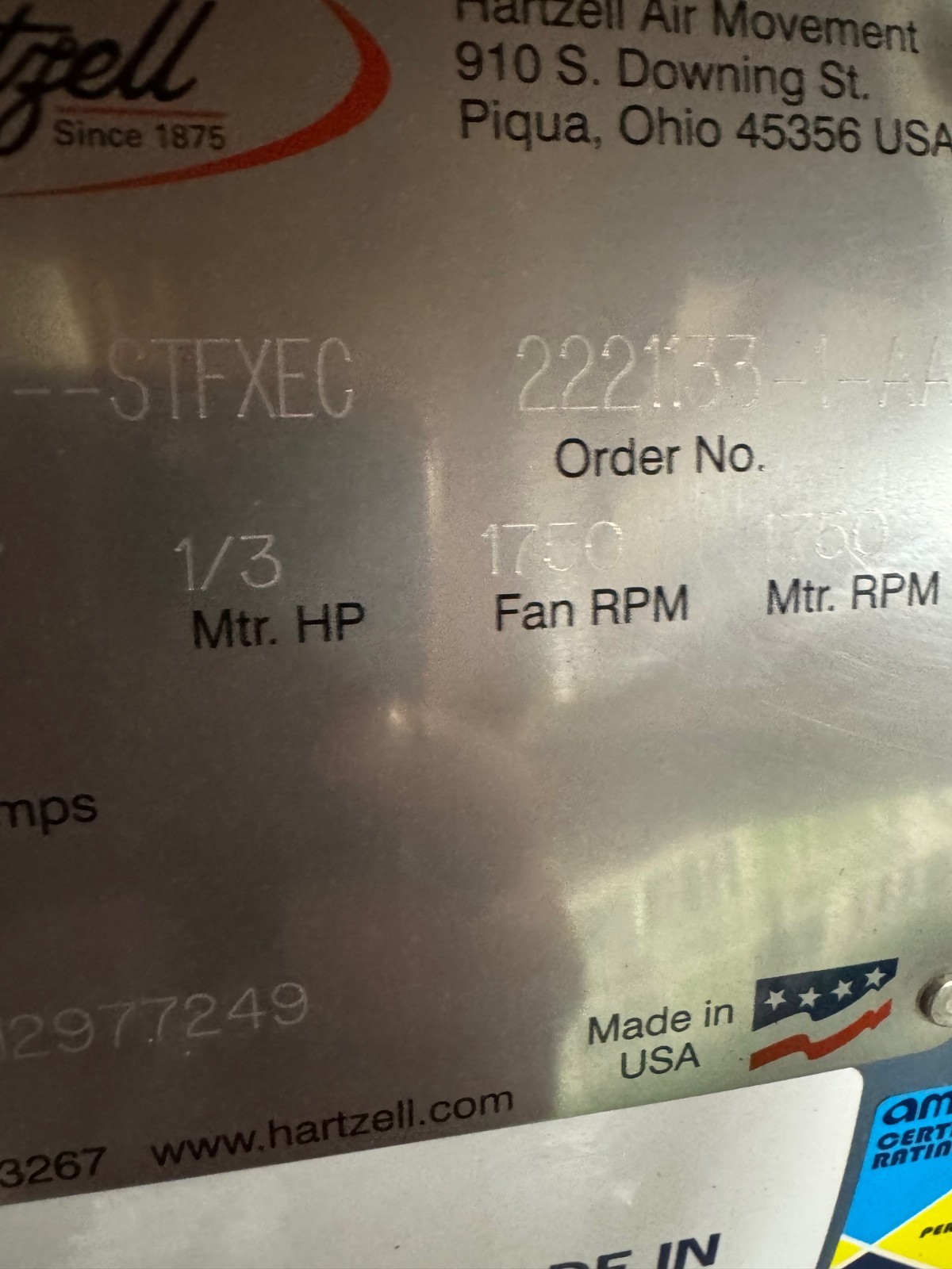 Hartzell 1035 CFM Blower VA7B Model A38-166-STFXEC 1/3 HP 115-230 Volt 1 ph