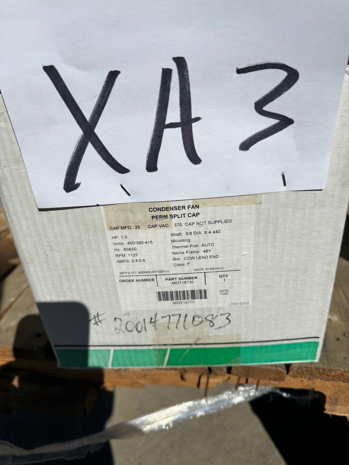 SERVICE FIRST Motor 1 HP MODEL MOT18730 WA6I XA3 1075 RPM 460/380-415 V