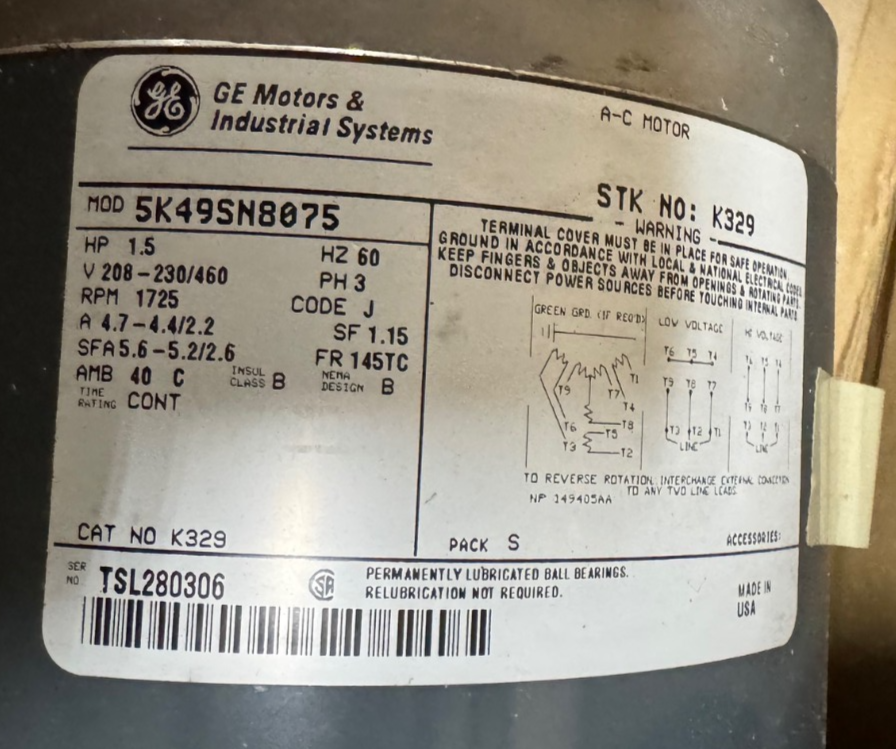 GE 11/2 HP MOTOR AD5B K329 5K49SN8075 1725 RPM 208/230/460 V 4.7-4.4/2.2 AMP