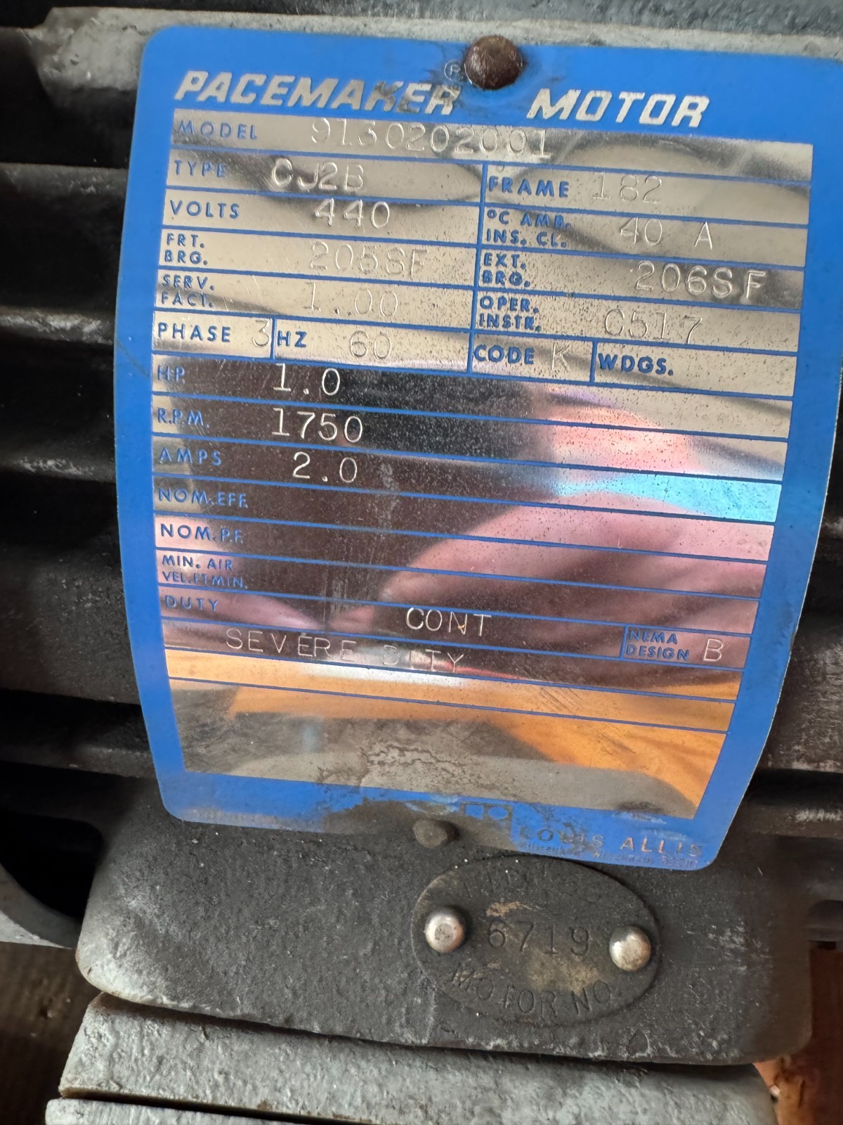 LOUIS ALLIS PACEMAKER MOTOR UU1 1 HP MODEL CJ2B 9130202001 WITH BRAKE