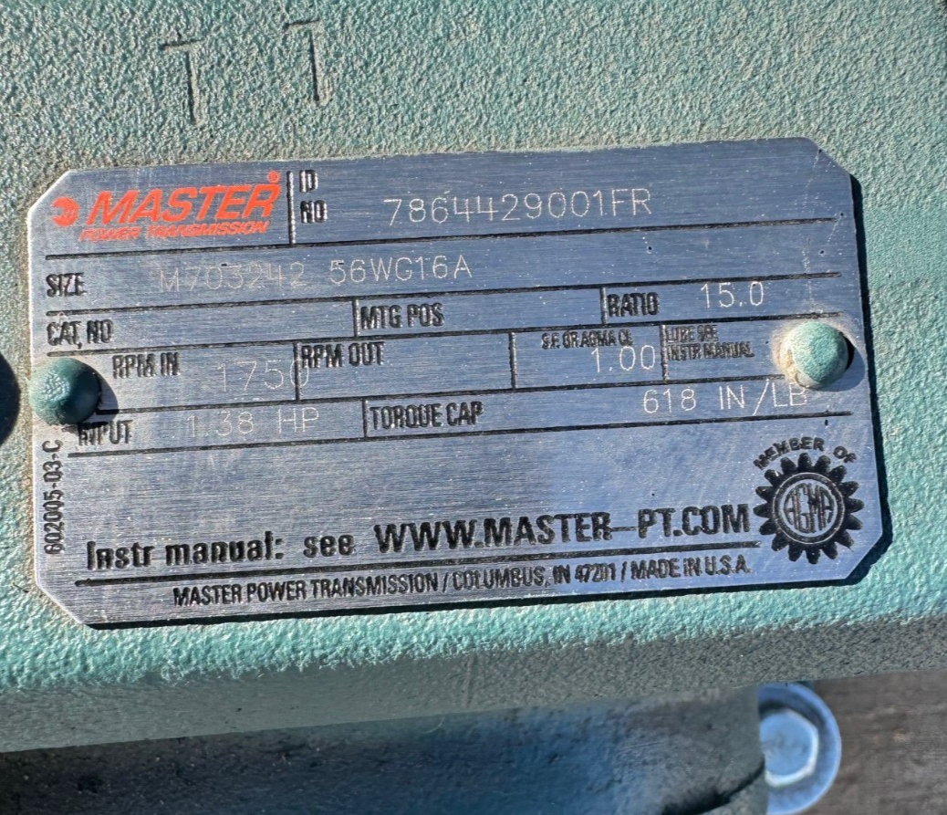 MASTER POWER TRANSMISSION GEAR MOTOR XA19 M703242 56WG16A 1750 RPM IN 15 TO 1