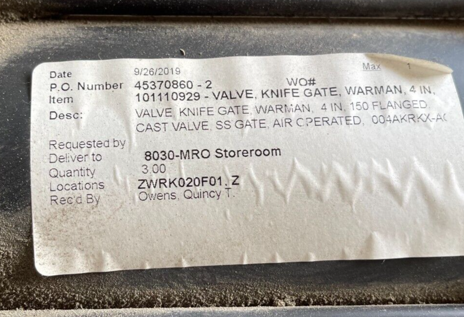 4" 150 LB KNIFE GATE STAINLESS WITH ACTUATOR WARMAN 004AKRKX-AO