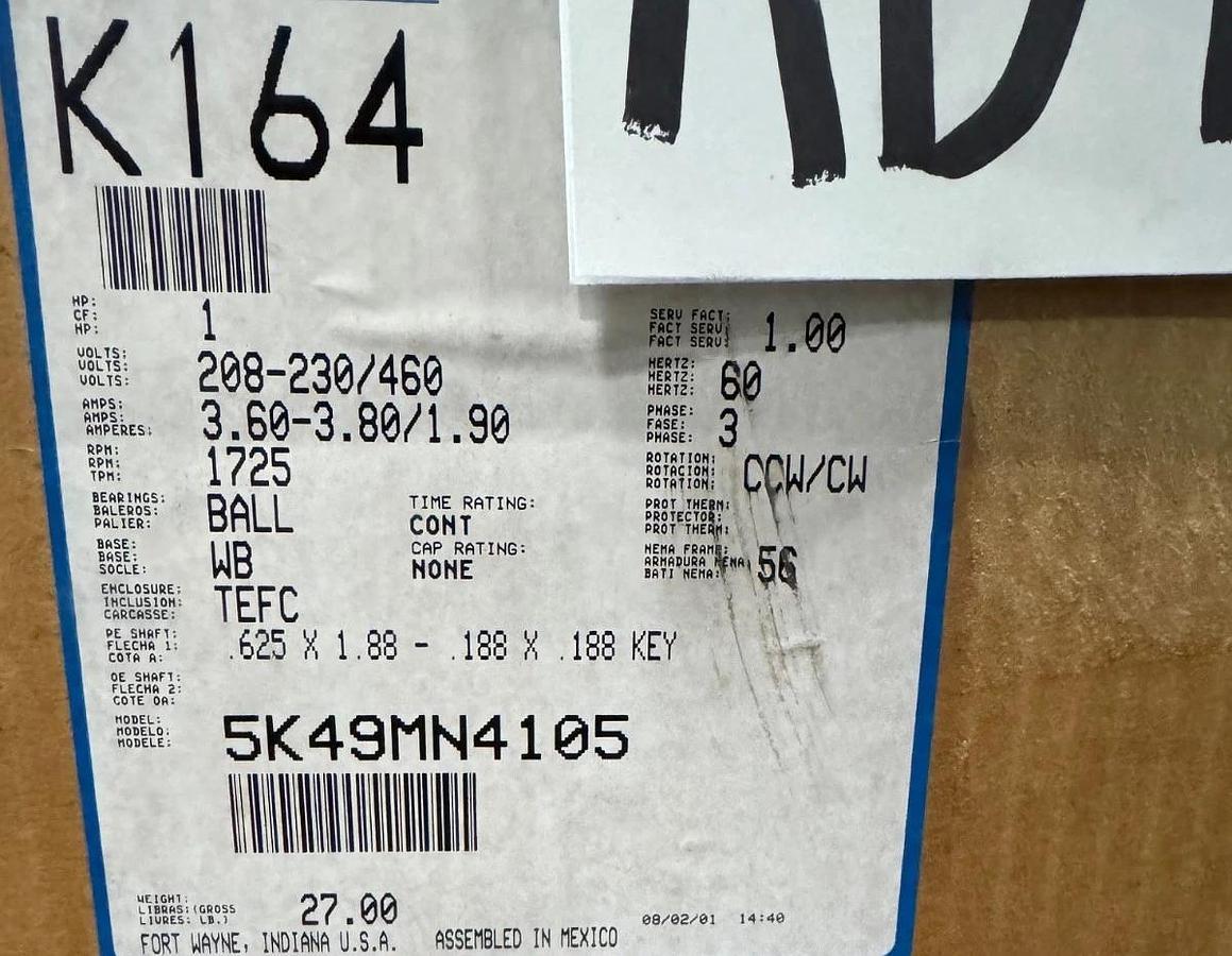 GE 1 HP MOTOR AD4C K164 5K49MN4105 1725 RPM 208/230/460 V 3.6-3.8/1.9 AMP FR 56