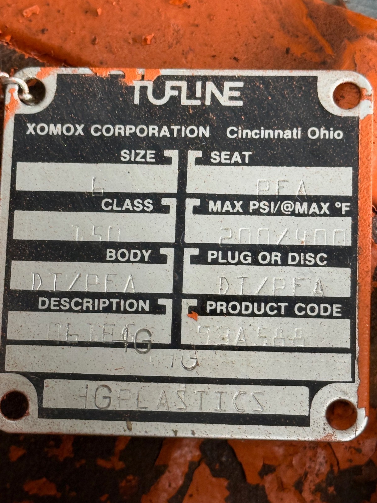 TUFLINE 6" 150 RF FP PFA LINED PLUG VALVE ZR4 CAT  W GEAR OPERATOR
