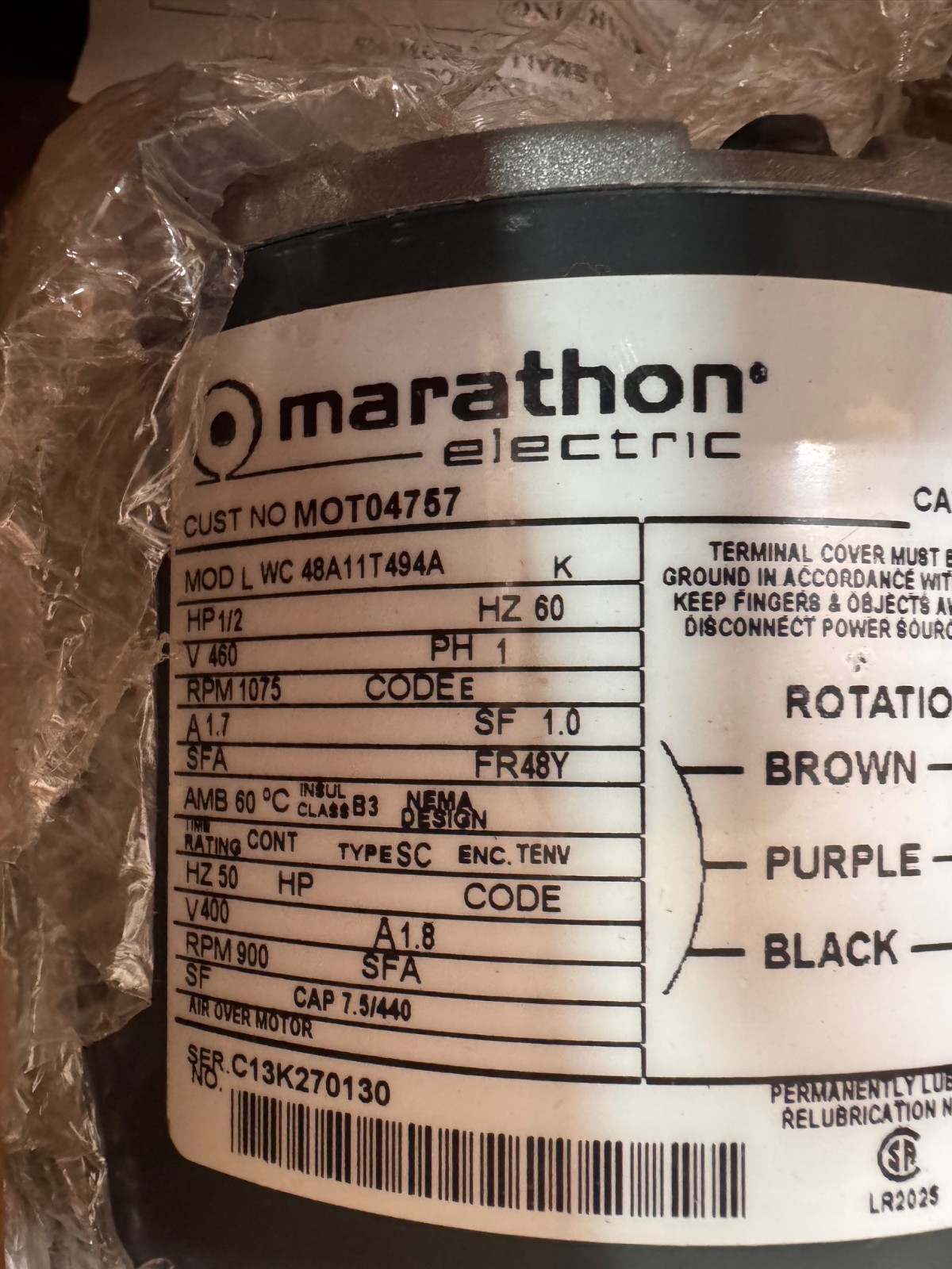 MARATHON Motor 1/2 HP MODEL MOT04767 LWC48A11T494 ZH3 ZL5 1075 RPM 460 V 1 PH
