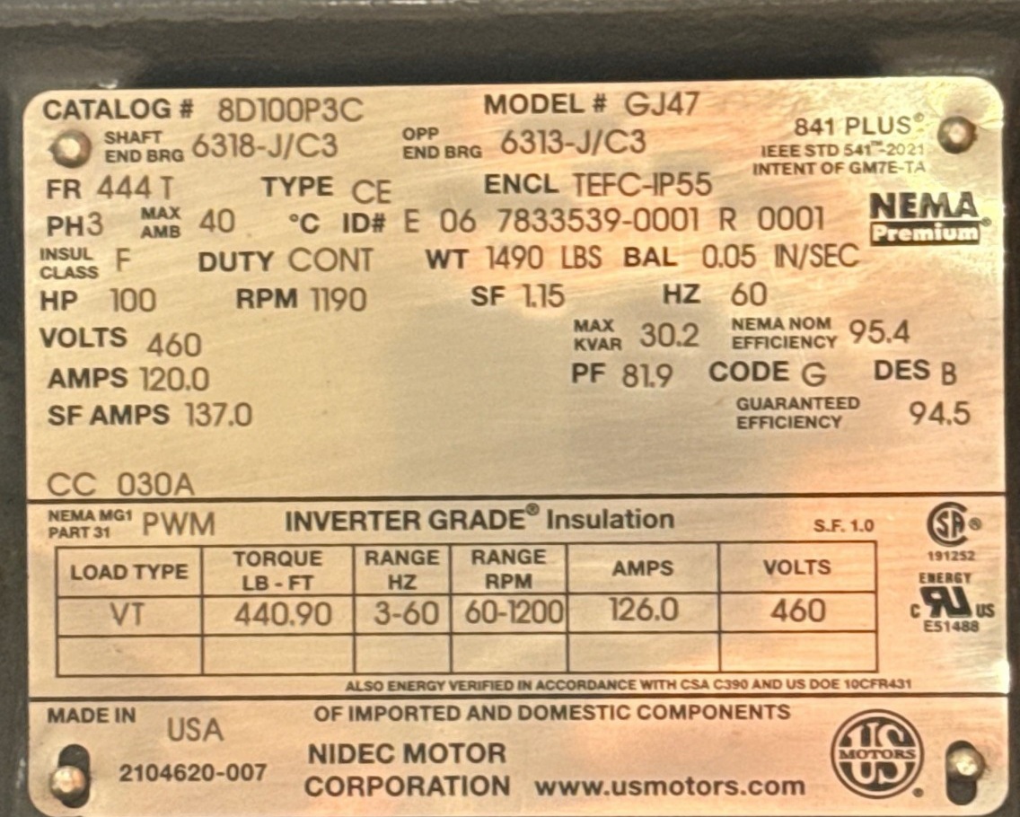 NIDEC INVERTER GRADE MOTOR 100 HP MODEL GJ47 8D100P3C 2XU 1190 RPM 460 V 3 PH 12