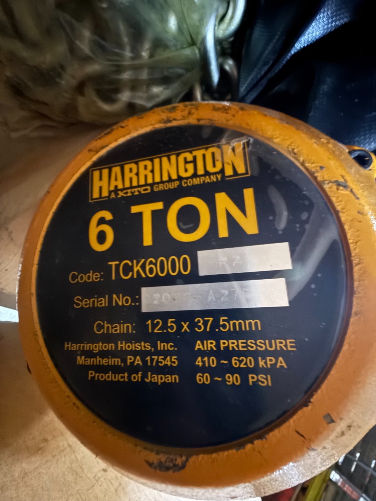 Used Harrington Pneumatic Hoist 6 Ton TCK6000-P2  WITH TROLLEY 2YQ2-7 2RY2