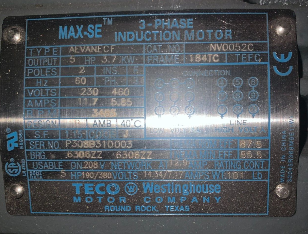 Motor 5 HP Electric TECO WESTINGHOUSE Max SE MODEL NV0052C RPM 3485 230/460 V