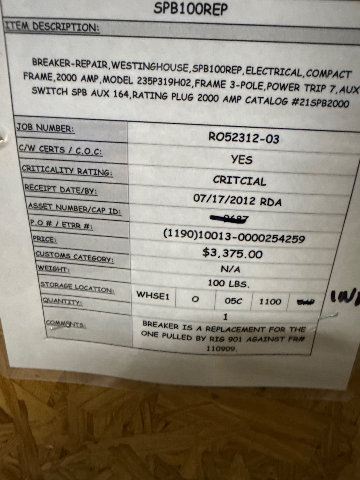 Refurbished WESTINGHOUSE,SPB100- 21SPB2000 COMPACT FRAME 2000 AMP MODEL 235P319H02 FRAME