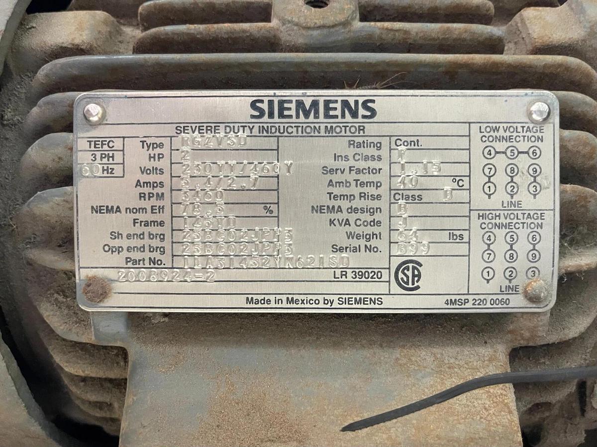 SIEMENS 2 HP VERTICAL MOTOR 230/460 V 3460 RPM FRAME 145TI RGZVSD