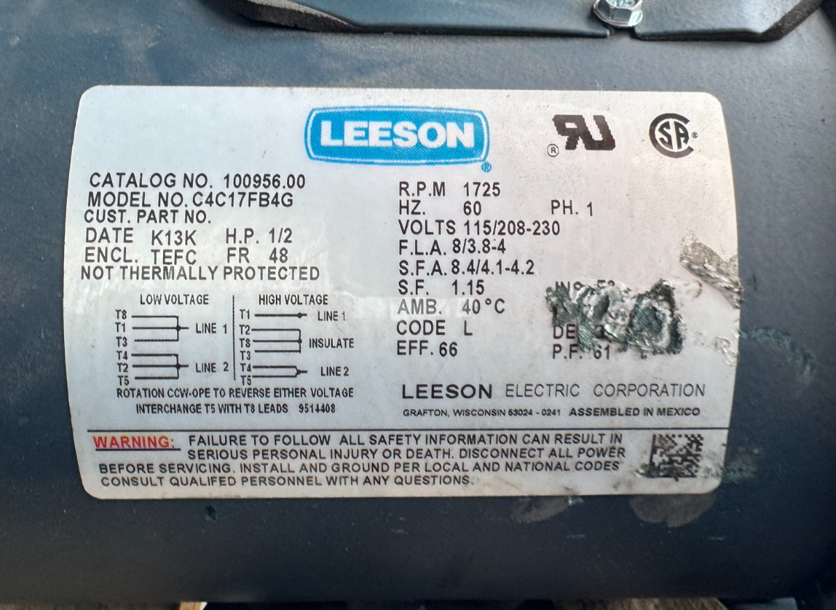 LEESON MOTOR CC5 1/2 HP MODEL C4C17FB4G  1725 RPM 115/208-230 V  1 PH 8/3.8 AMP