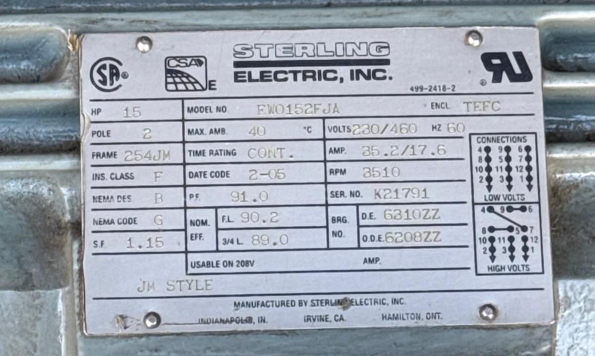 STERLING ELECTRIC MOTOR 15 HP MODEL EWO152FJA 1XUA 3510 RPM 230/460V 3 PH