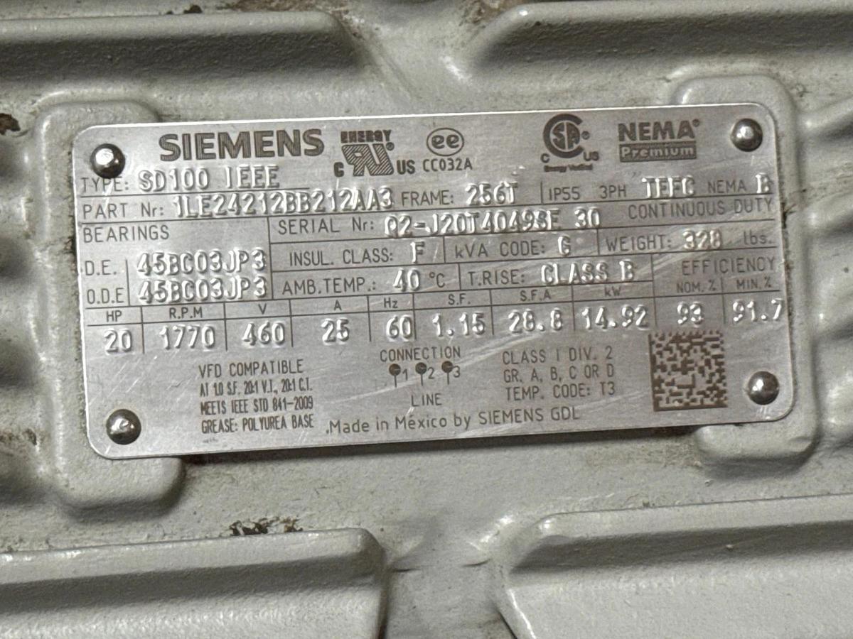 Used SIEMENS INVERTER DUTY MOTOR 20 HP MODELSD100IEEE 2YBB 1770 RPM 460 V 3 PH 25 AM