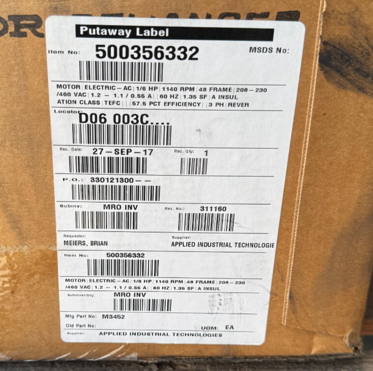 BALDOR MOTOR C4 1 HP  M3452 1140RPM 208-230/460 V  1.2-1.1 / .55 AMP 3 H  FR 56H