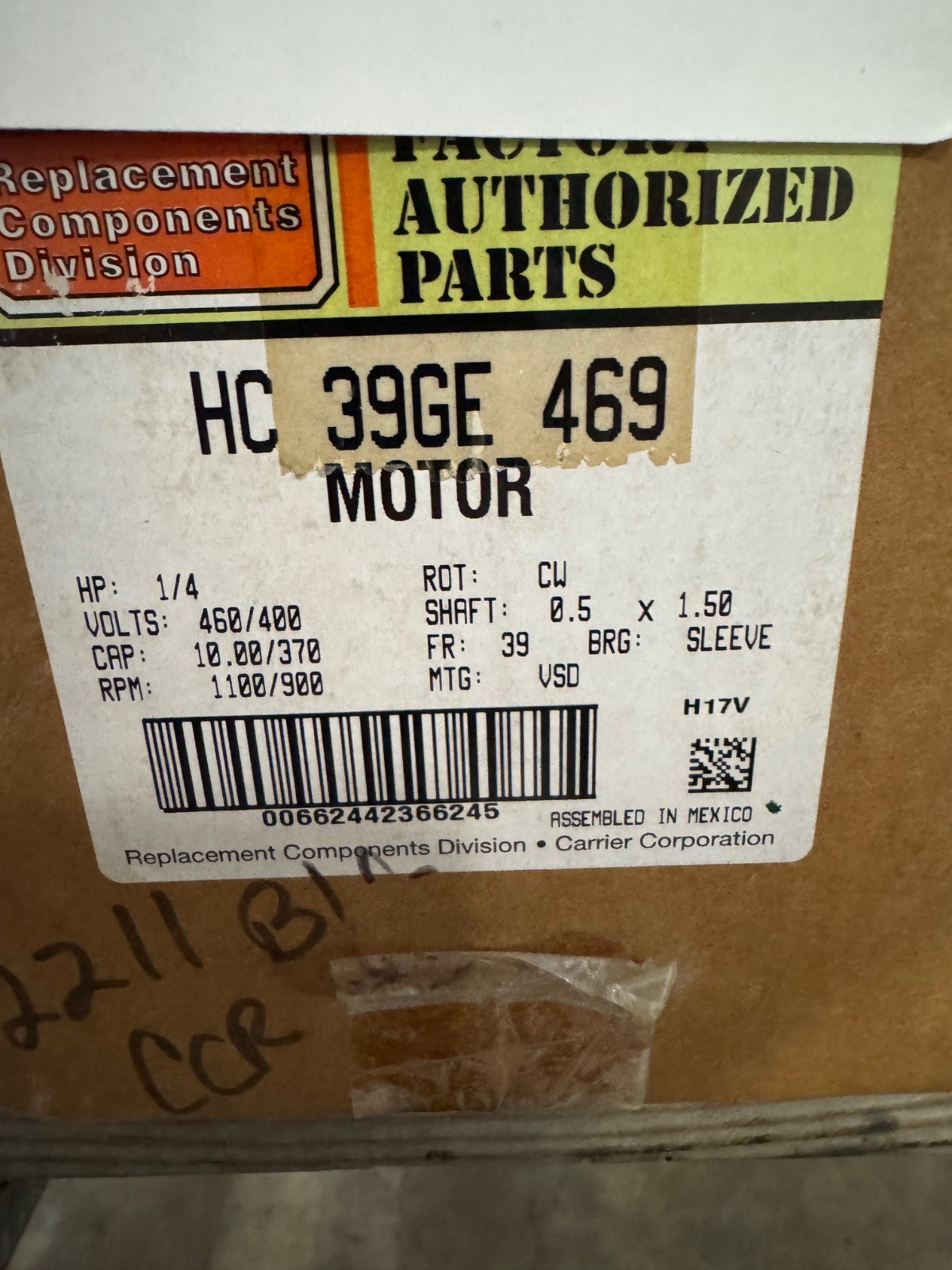 Carrier Genteq Motor 1/4 HP Model HC 39GE 469 VA14F 400/460 V 1100/900 RPM frame