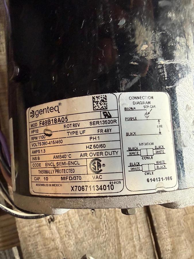 GENTEQ Motor 1/2 HP MODEL F48B18A05 ZT2 1100 RPM 380-415/460 V 1.3 AMP 1 PH FRA