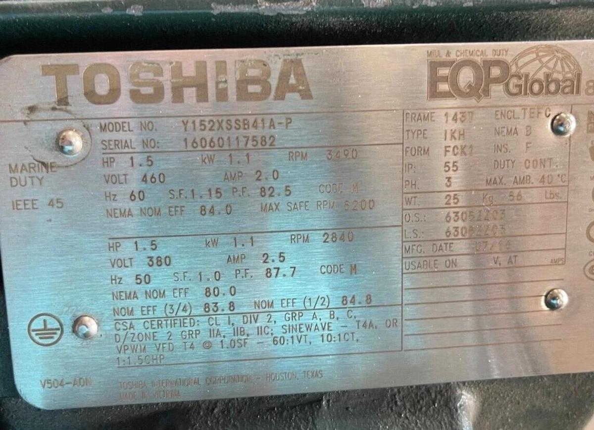 TOSHIBA 11/2 HP MOTOR 3490 RPM 460 V FRAME 143T Y152XSSB41A-P
