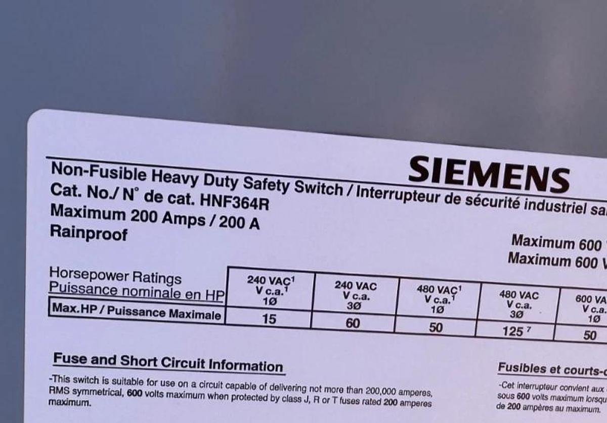 SIEMENS HEAVY DUTY SAFETY SWITCH 3 P 200 AMP MOD HNF364R