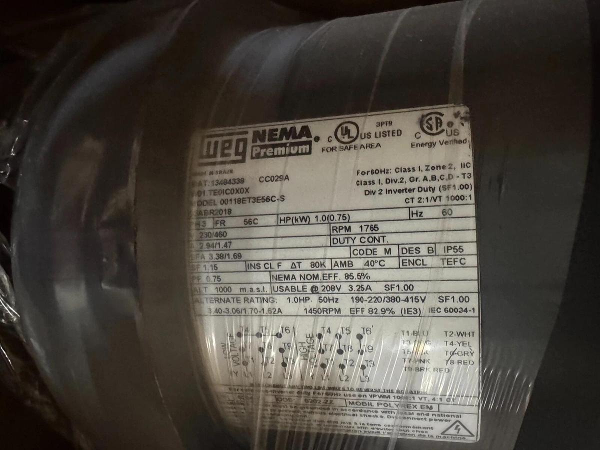 WEG MOTOR N5 1 HP 00118ET3E56C-S 1765 RPM 230/460 V 2.94/1.47 AMP 3 PH FR 56C