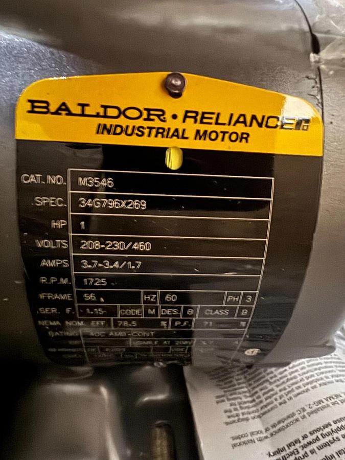 BALDOR MOTOR N4 1 HP M3546 1725 RPM 208-230/460 V 3.7-3.4/1.7 AMP 3 PH FR 56