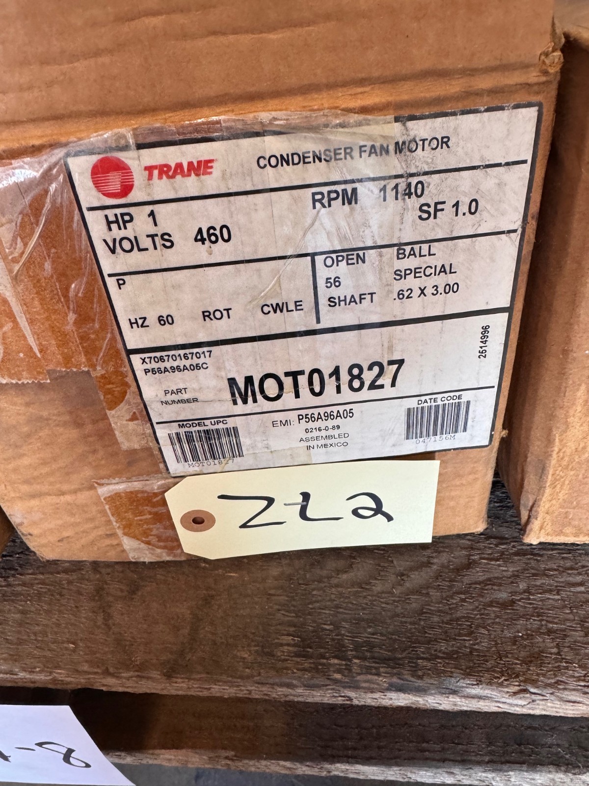 TRANE Motor 1 HP MODEL MOT01827 P56A96A05 ZFA7 ZK3 ZL21140 RPM 460V 1.8 AMP 3 PH