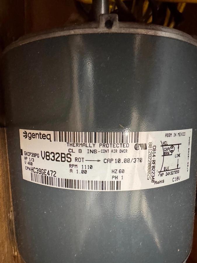 GENTEQ Motor 1/3 HP MODEL HC 39GE 472 V832BS ZJ7 1110 RPM 400/460 V 1 AMP 1 PH