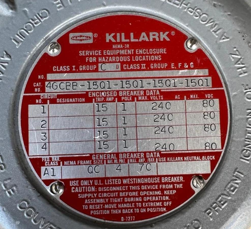 KILLARK EXPLOSION PROOF BREAKER PANEL V45 70 AMP 240 V 1 P 4GCBB-15Q1-15Q1-15Q1-