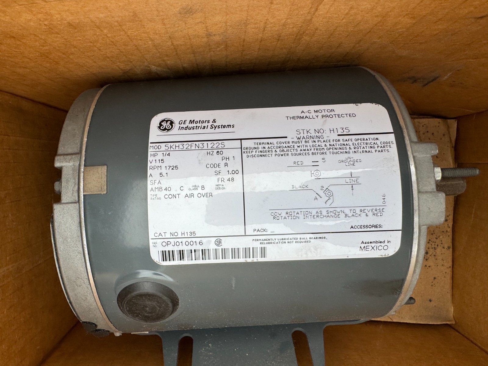 GE MOTOR JJ7 1/4 HP MODEL H135 56KH32FN3122S 1725 RPM 115 V 1 PH 5.1 AMP FR 48