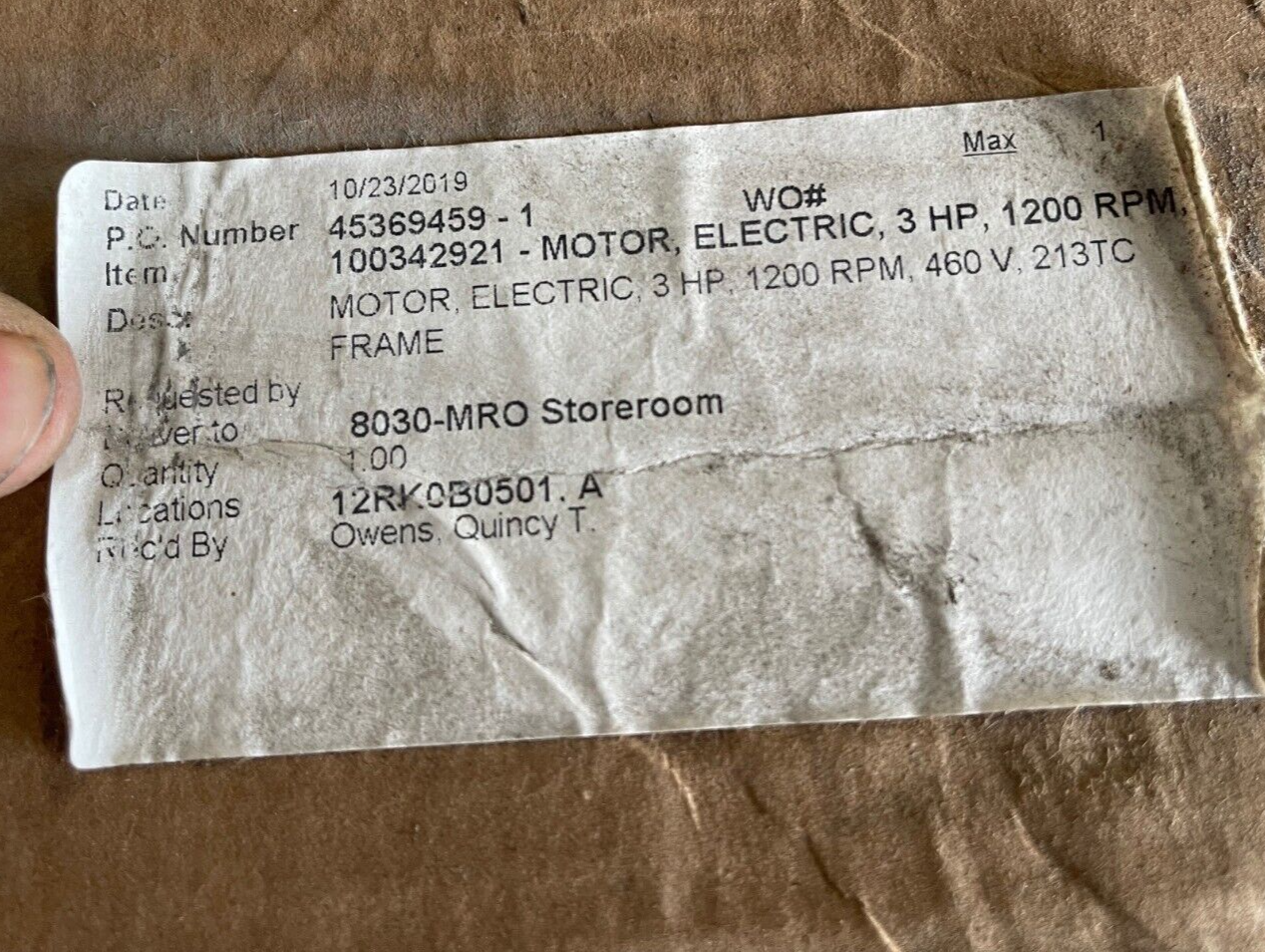 3 HP MOTOR WEG 1175 RPM 460 V FRAME 213/5TC