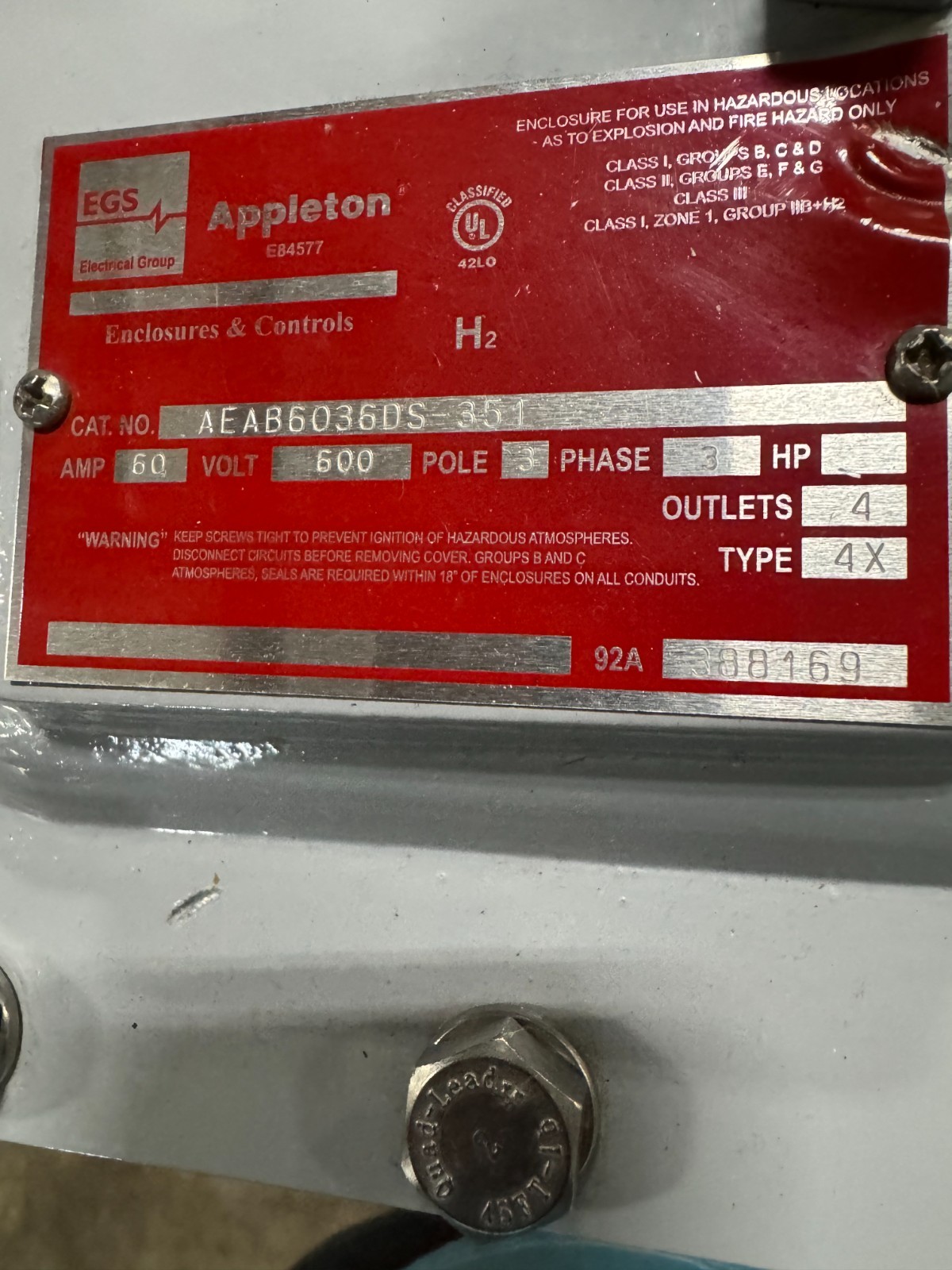 APPLETON EGS EXPLOSION PROOF BREAKER V56 V65 60 AMP 600 V 3 POLE 3 PH AEAB6036DS