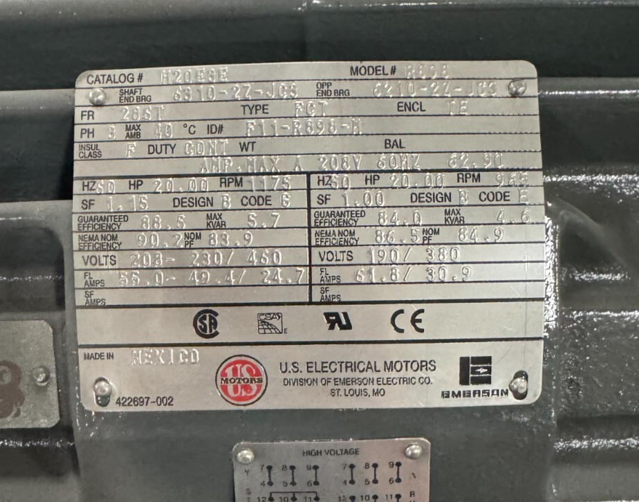 US MOTORS G 20 HP H20E8E 1175 RPM 208-230/460 190/380 V  3 PH FR286T