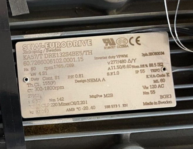 Sew Eurodrive Gearmotor 4 KW 277/480 V 1765 / 269 RPM KA57/T DRE132S4BE5/TH