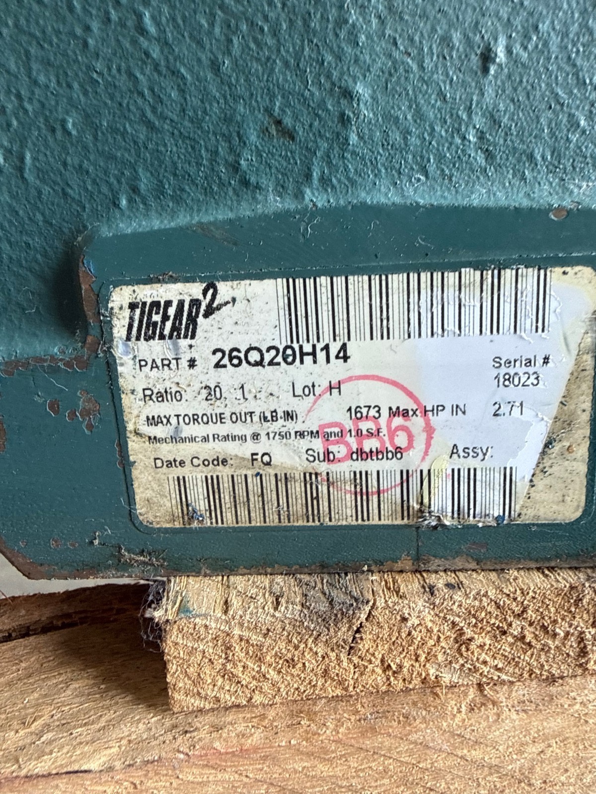 TIGEAR/2 BALDOR GEAR REDUCER 1XTA 1XPH MODEL 26Q20H14 1750 RPM 20 TO 1 RATIO